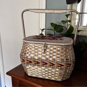 Eaton’s Vintage Woven Sewing Basket with Floral Embroidery and Satin Interior